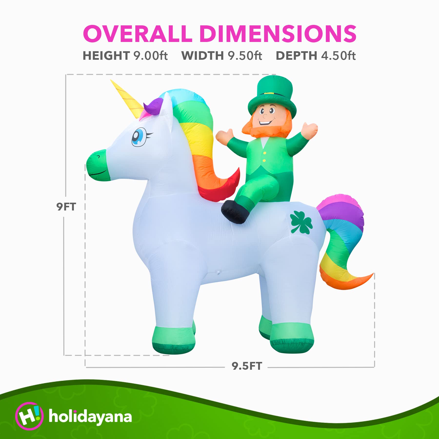 Holidayana 9ft St Patricks Day Inflatable Leprechaun Riding Unicorn - Leprechaun and Magical Unicorn Blow Up Yard Decoration, Includes Built-in Bulbs, Tie-Down Points, and Powerful Built-in Fan