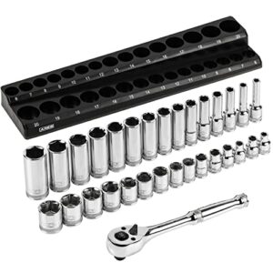 ares 47004-32-piece 3/8-inch drive metric socket and 90-tooth ratchet set with magnetic organizer - sizes 6mm to 20mm deep and shallow sockets