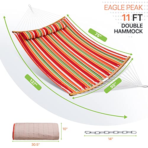 EAGLE PEAK 11 FT Double Hammock Quilted Fabric Hammock with Bamboo Wood Spreader Bars & Detachable Pillow, 2 Person Portable Hammock for Outdoor Patio Yard, 440 Pound Capacity, Red Stripe