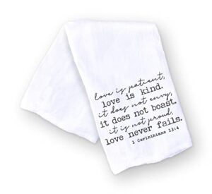 handmade corinthians kitchen towels - 100% cotton dish towel love is patient love is kind - valentine engagement bridal shower newlywed hostess gift (love is patient love is kind)