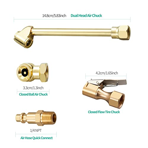 Minimprover 6PCS Heavy Duty Brass Air Chuck Set,1/4" Closed Ball Air Chuck & 1/4 Inch Female NPT Dual Head Air Chuck & 1/4" Closed Flow Tire Chuck with Air Hose Quick Connect Adapter