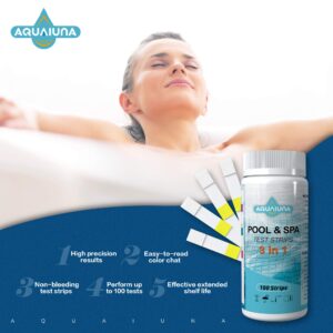 Aqualuna Pool and Spa Test Strips 100 Counts: 3 Way Hot Tub Test Kit Testing for Free Chlorine/Bromine, Total Alkalinity and pH. Easy and Accurate Spa Test Strips for Hot Tub