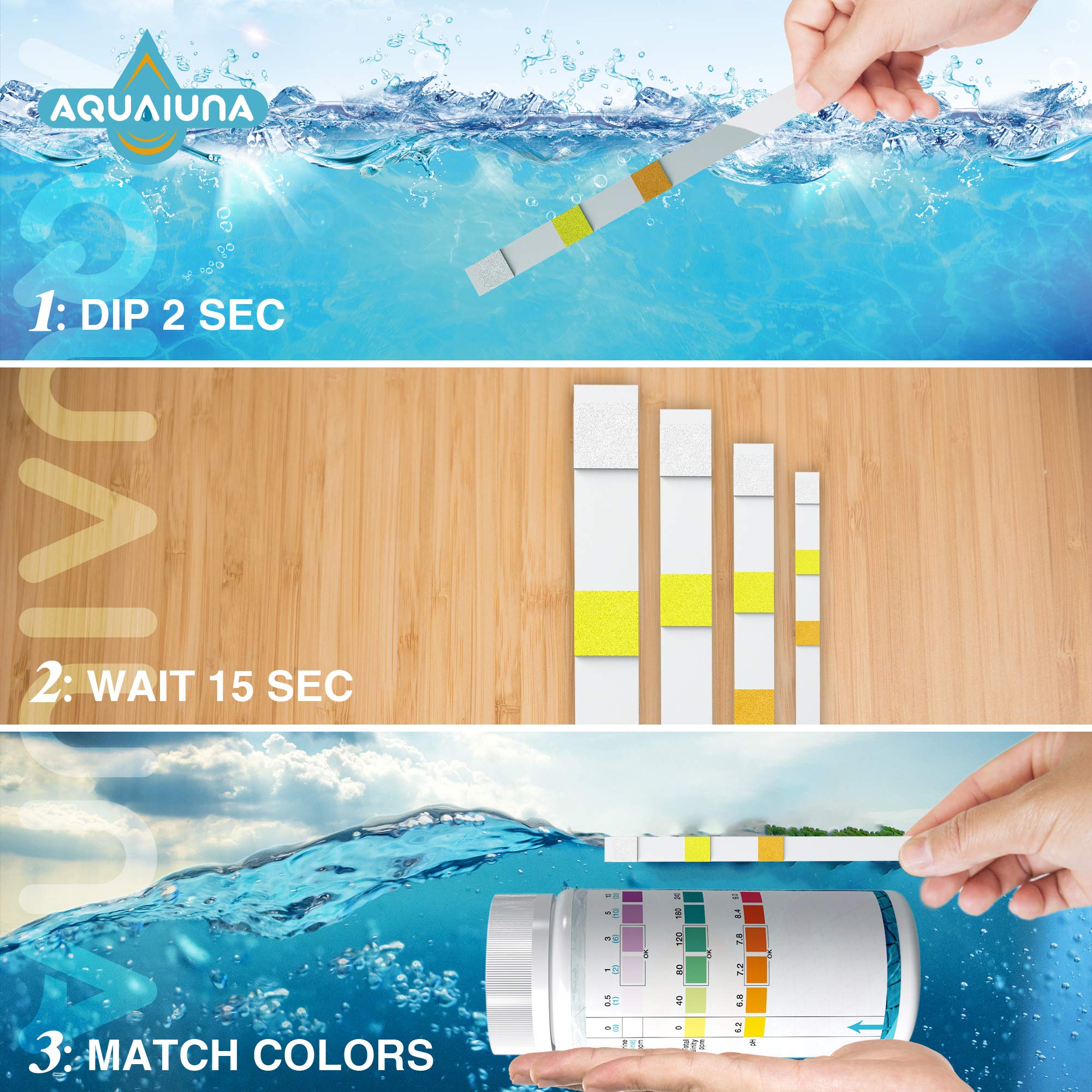 Aqualuna Pool and Spa Test Strips 100 Counts: 3 Way Hot Tub Test Kit Testing for Free Chlorine/Bromine, Total Alkalinity and pH. Easy and Accurate Spa Test Strips for Hot Tub