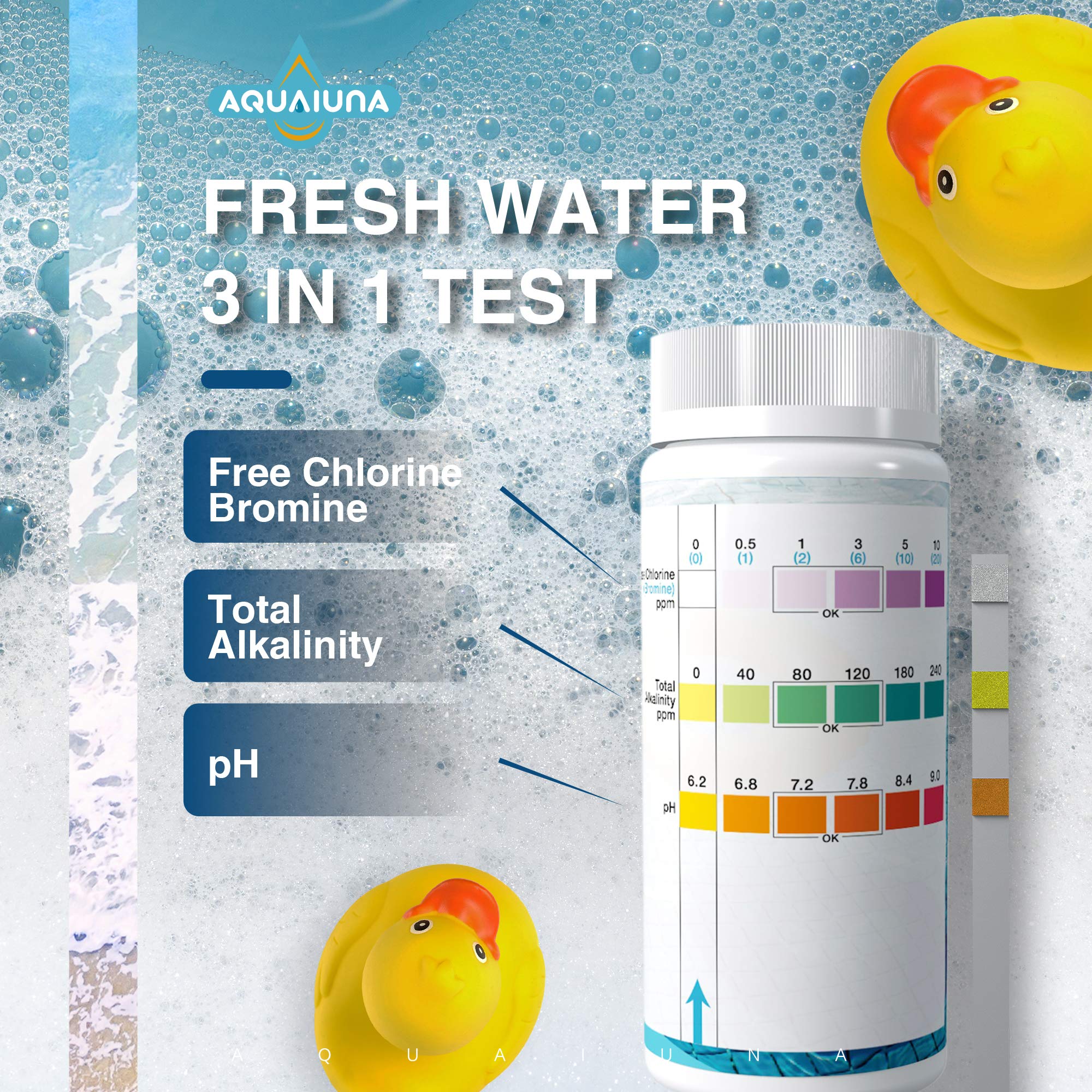 Aqualuna Pool and Spa Test Strips 100 Counts: 3 Way Hot Tub Test Kit Testing for Free Chlorine/Bromine, Total Alkalinity and pH. Easy and Accurate Spa Test Strips for Hot Tub