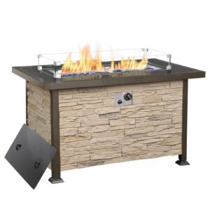 u-max outdoor propane gas fire pit table, 44 inch 50,000 btu gas auto-ignition rectangle firepit for patio with brown faux stone surface,tempered glass lid & glass stone rock csa certification