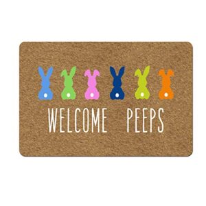 MfunDoor Doormat Funny Front Door Mat- Welcome Peeps Bunny Doormat Spring Doormat Easter Rabbits Door Mat Rubber Non Slip Backing Funny Doormat for Outdoor/Indoor Uses 23.6 inch(W) X 15.7 inch(L)