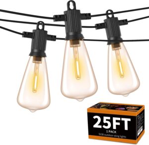 zotoyi outdoor string lights 25ft, waterproof ip65 patio lights with 13 shatterproof st38 led bulbs(1 spare), outside hanging lights dimmable for backyard, bistro, cafe, garden 2700k warm white