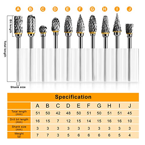 TianTac Tungsten Carbide Rotary Burr Set 10pcs, Carving Burr Bits, with 3mm Shank 6mm Bit for Wood & Stone Carving, Steel Metal Working