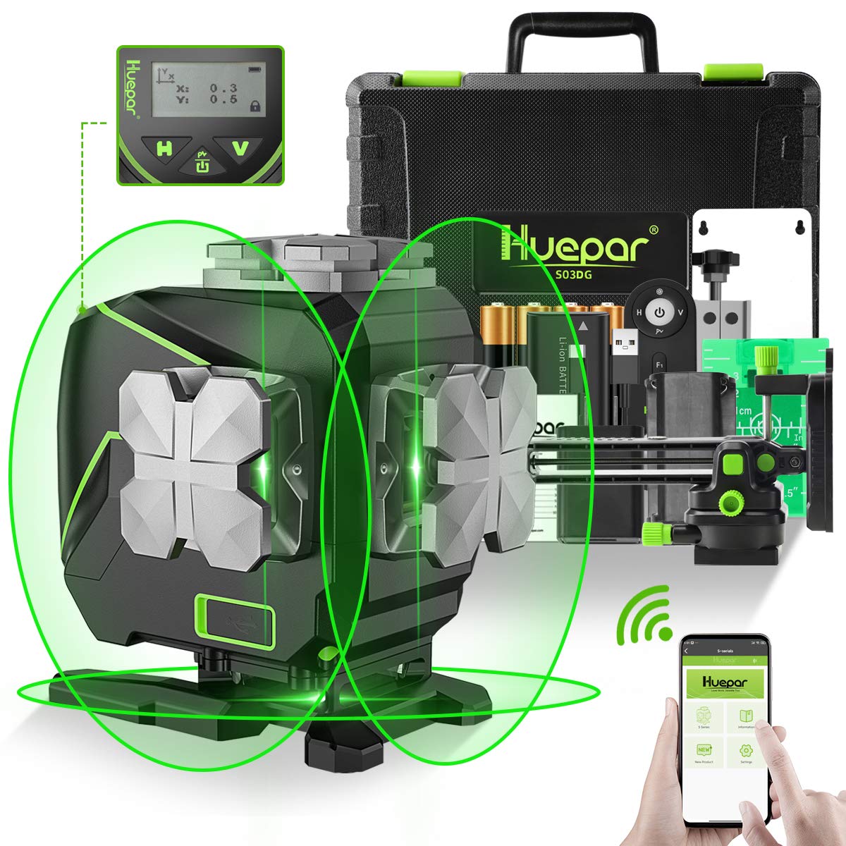 Huepar 3x360° Self-Leveling Laser Level with LCD Screen, 3D Bluetooth Connected Green Beam Cross Line Tiling Floor Laser Tool -360° Horizontal/Vertical Laser Line -Remote Control&Hard Carry Case S03DG