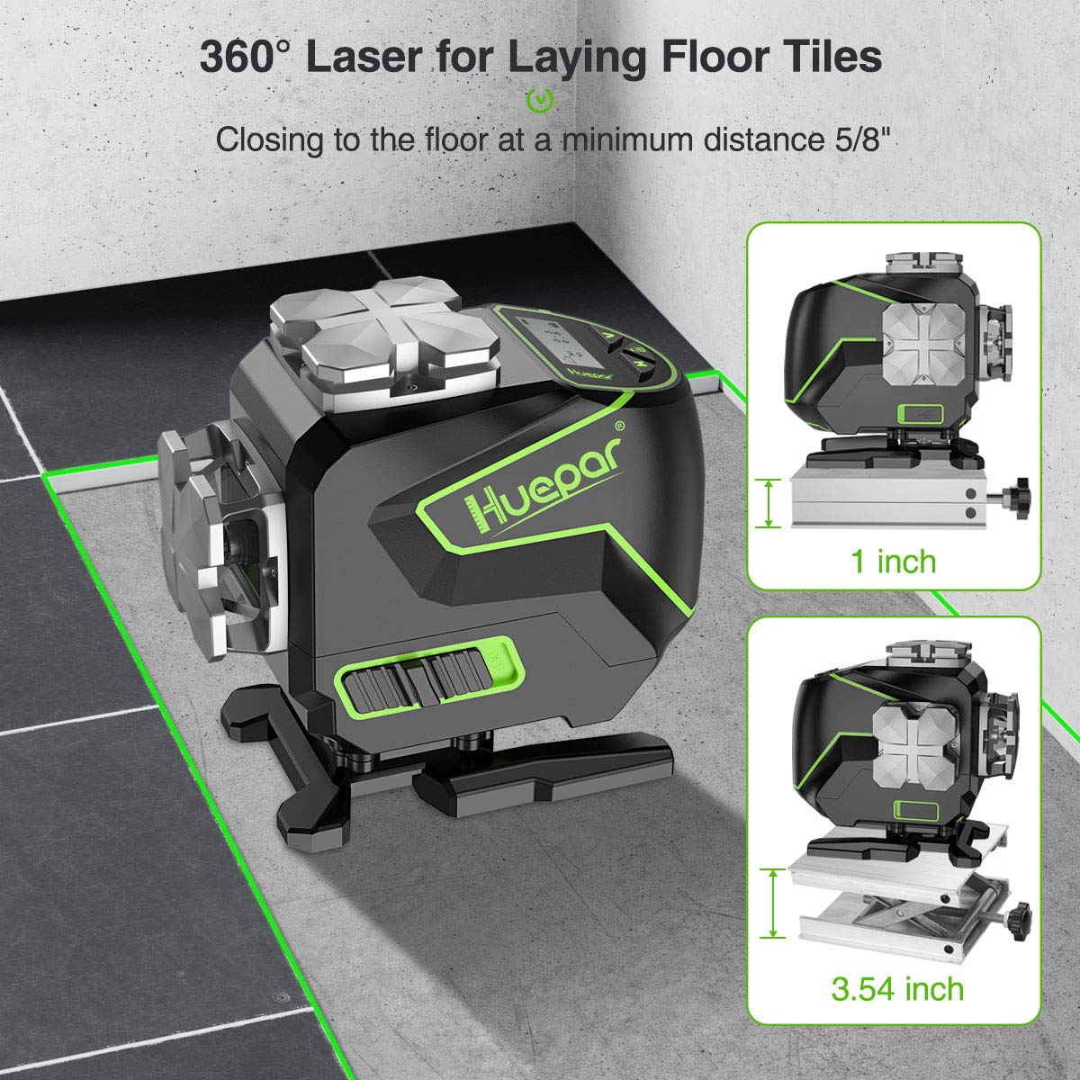 Huepar 3x360° Self-Leveling Laser Level with LCD Screen, 3D Bluetooth Connected Green Beam Cross Line Tiling Floor Laser Tool -360° Horizontal/Vertical Laser Line -Remote Control&Hard Carry Case S03DG