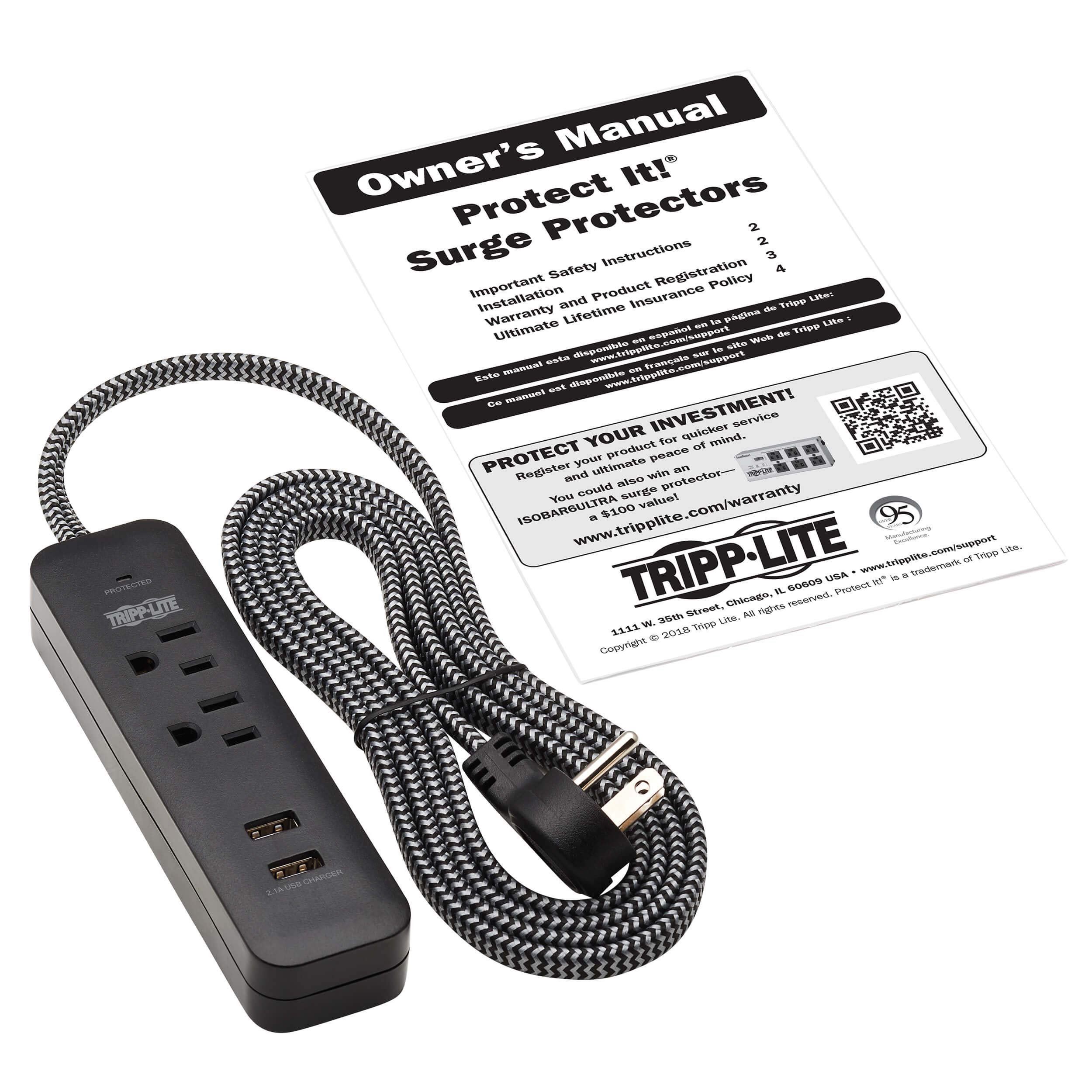 Tripp Lite Surge Protector Power Strip 2-Outlet w 2 USB Ports 2.1A 6ft Cord, 5-15P Plug, 450 Joules, Black (TLP206USB)