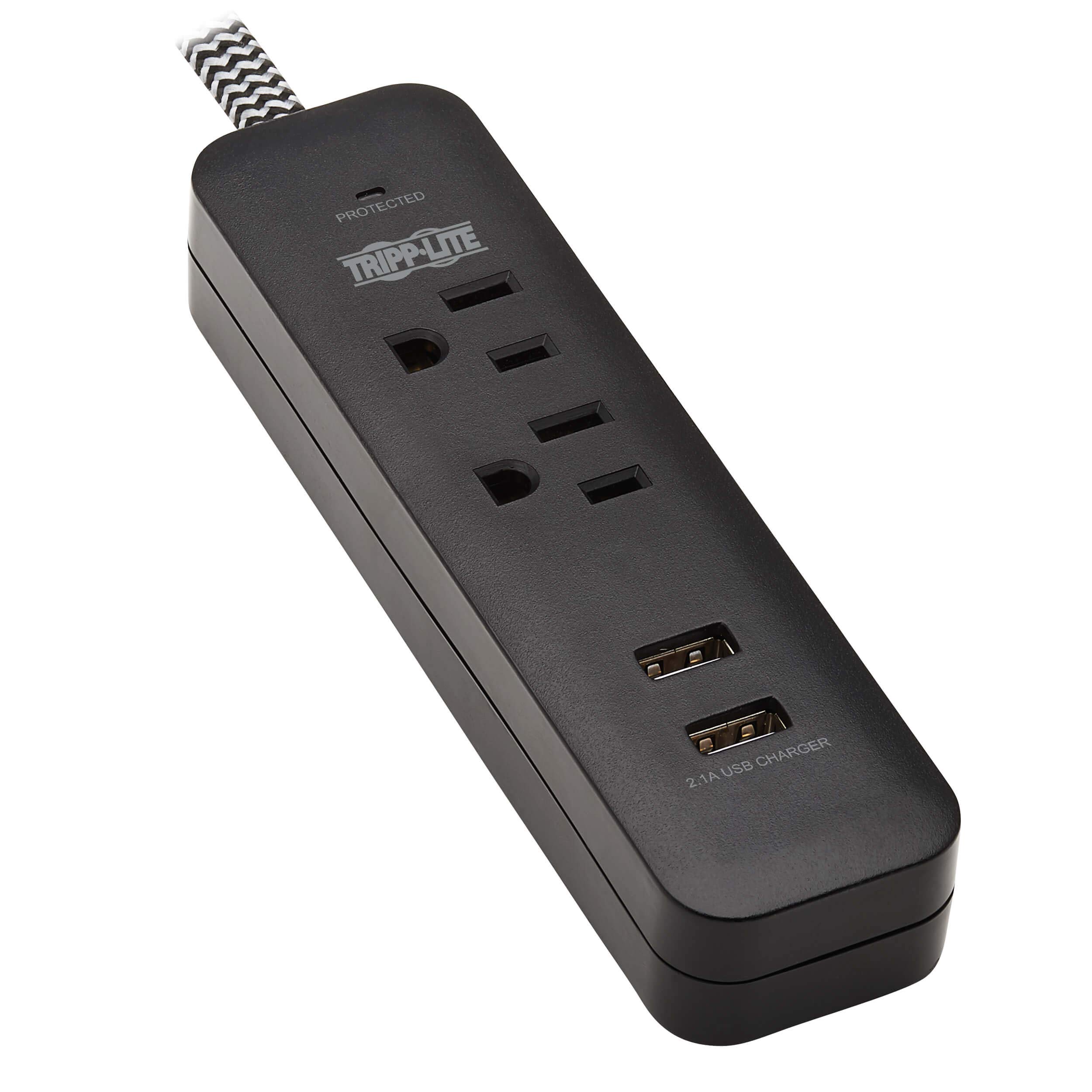 Tripp Lite Surge Protector Power Strip 2-Outlet w 2 USB Ports 2.1A 6ft Cord, 5-15P Plug, 450 Joules, Black (TLP206USB)