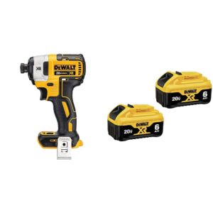 dewalt 20v max xr impact driver, brushless, 3-speed, 1/4-inch, tool only (dcf887b) and dewalt 20v max battery, 6 ah, 2-pack, fully charged in under 90 minutes (dcb206-2)