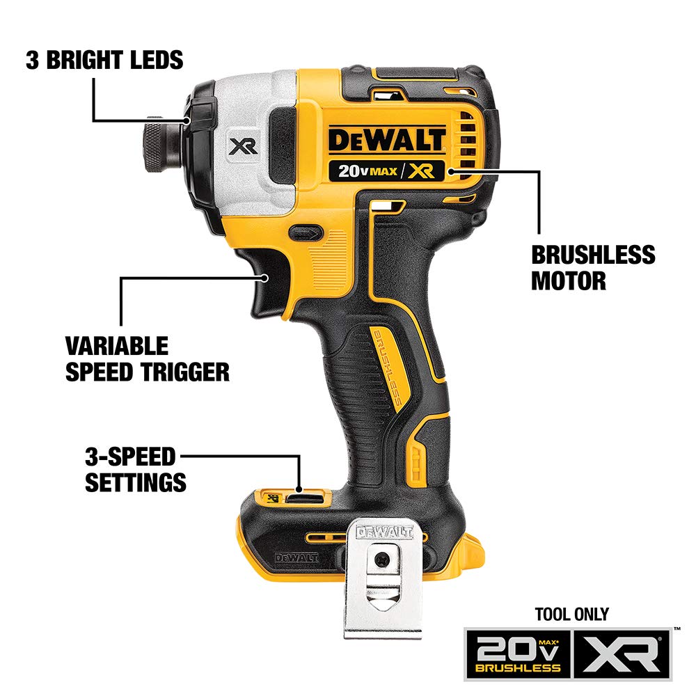 DEWALT 20V MAX XR Impact Driver, Brushless, 3-Speed, 1/4-Inch, Tool Only (DCF887B) and DEWALT 20V MAX Battery, 6 Ah, 2-Pack, Fully Charged in Under 90 Minutes (DCB206-2)