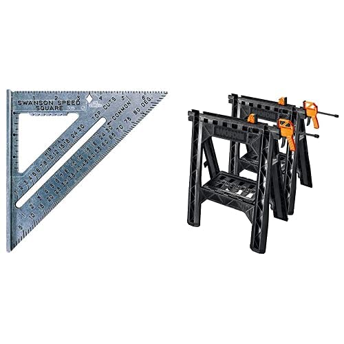 WORX WX065 Clamping Sawhorses with Bar Clamps | SWANSON Tool Co S0101 7 Inch Speed Square, Blue