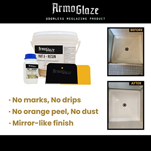 Armoglaze Shower Base Refinishing Kit, Easy Pour-on Application, Odorless, White Coating - 2 kg, Made In USA. (For Large Shower Base Size 6x3).