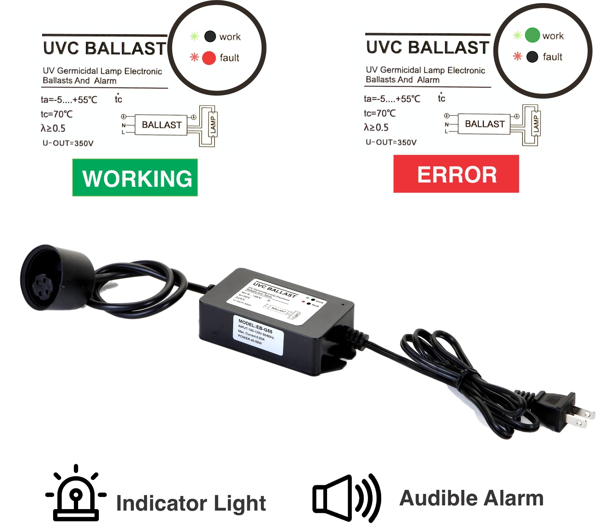 Bluonics 55W UV 220-240V EU Plug Ballast Ultraviolet Light Sterilizer/Water Purifier with Green & Red Indicator- 4 Prong