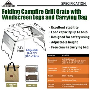 CAMPINGMOON 304 Stainless Steel Portable Open Fire Campfire Grill for Dutch Oven Cooking Ware with Windscreen Legs and Carrying Bag MS-1018