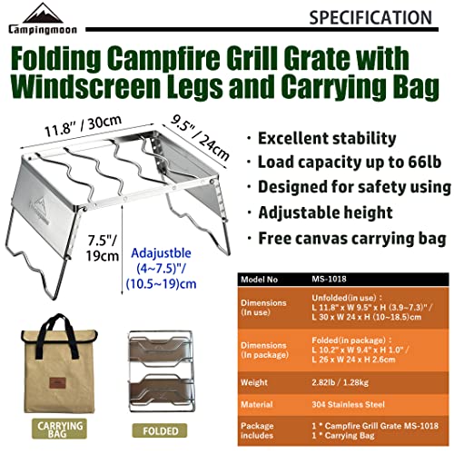 CAMPINGMOON 304 Stainless Steel Portable Open Fire Campfire Grill for Dutch Oven Cooking Ware with Windscreen Legs and Carrying Bag MS-1018