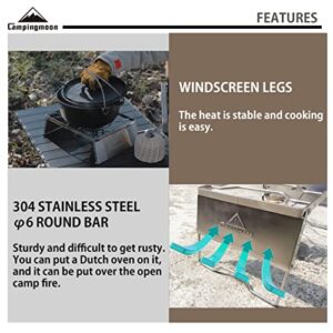 CAMPINGMOON 304 Stainless Steel Portable Open Fire Campfire Grill for Dutch Oven Cooking Ware with Windscreen Legs and Carrying Bag MS-1018