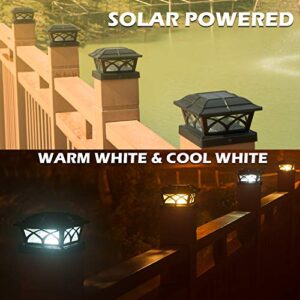 SIEDiNLAR Solar Post Cap Lights Outdoor Glass 2 Modes 8 LEDs for 4x4 5x5 6x6 Posts Deck Fence Patio Decoration Warm White/Cool White Lighting Black (2 Pack)