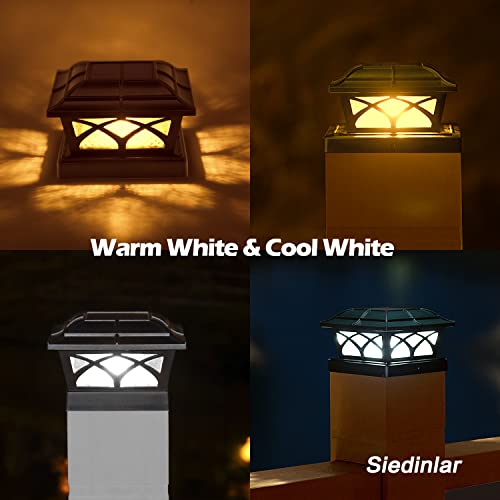 SIEDiNLAR Solar Post Cap Lights Outdoor Glass 2 Modes 8 LEDs for 4x4 5x5 6x6 Posts Deck Fence Patio Decoration Warm White/Cool White Lighting Black (2 Pack)