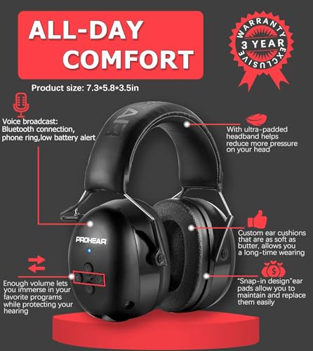 PROHEAR 037 Bluetooth 5.0 Hearing Protection Headphones with Rechargeable 1100mAh Battery, 25dB NRR Safety Noise Reduction Ear Muffs 40H Playtime for Mowing, Workshops, Snowblowing - Black