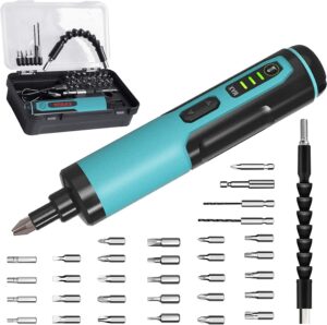 electric screwdriver kiprim 4v rechargeable adjustable torque cordless screwdriver gun with 33 magnetic bits set (2 drill bits included),dual flashlights,carrying box,type c cable