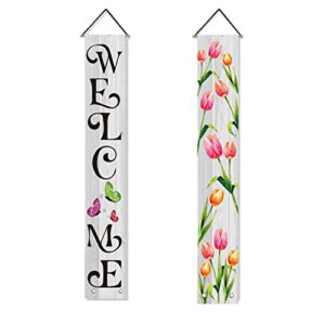 avoin spring welcome tulip wood porch sign, butterfly holiday wedding anniversary mother's day hanging banner flag for yard indoor outdoor wedding party 12 x 72 inch