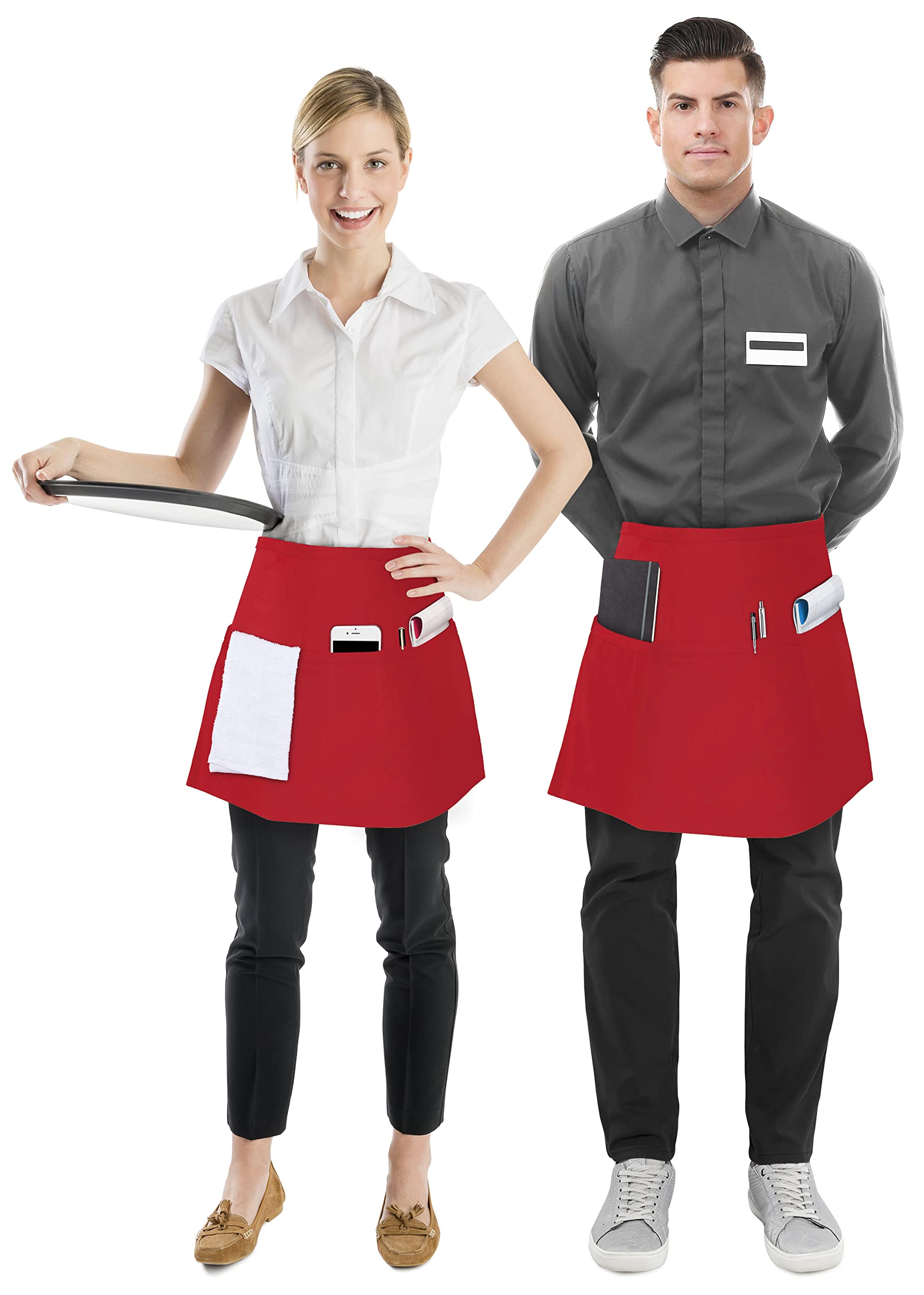 Utopia Wear 3 Pocket Waist Apron [Pack of 12], Server Waitress short for Men Women, Kitchen, Restaurant, Crafting, BBQ Work Server Aprons (Red)