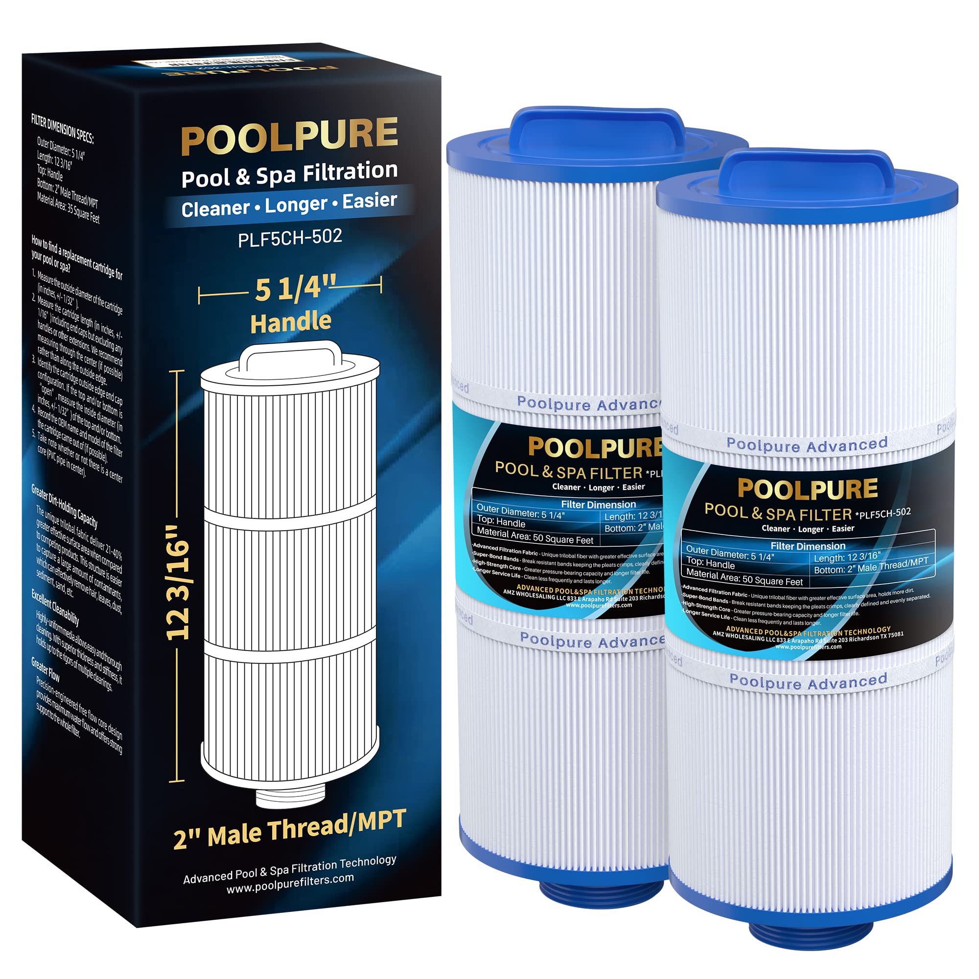 POOLPURE 5CH-502 Fine Thread Spa Filter Replaces PPM50SC-F2M, Marquis Spa 20041, 20091, 370-0237, Marquis 50, 2” Male Thread/MPT Hot Tub Filter (2)