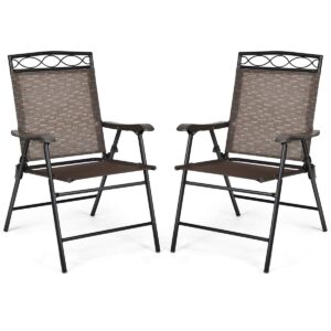 giantex set of 2 patio chairs, outdoor folding lawn chairs for beach, backyard, deck, patio dining chairs, sling chairs with armrest and metal frame, folding camping chairs (brown)