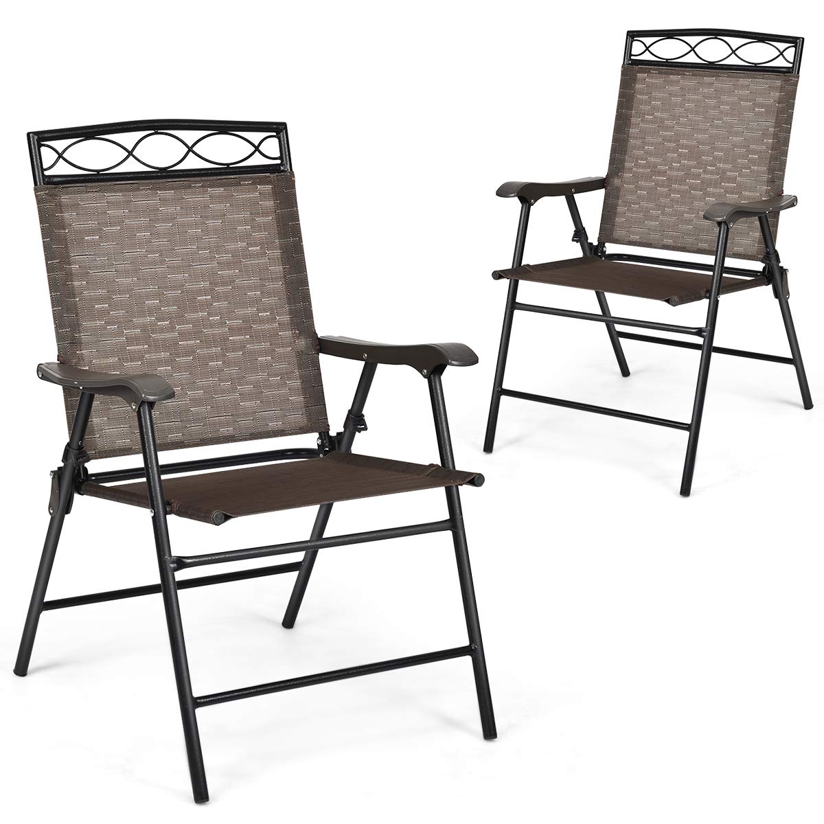 Giantex Set of 2 Patio Chairs, Outdoor Folding Lawn Chairs for Beach, Backyard, Deck, Patio Dining Chairs, Sling Chairs with Armrest and Metal Frame, Folding Camping Chairs (Brown)