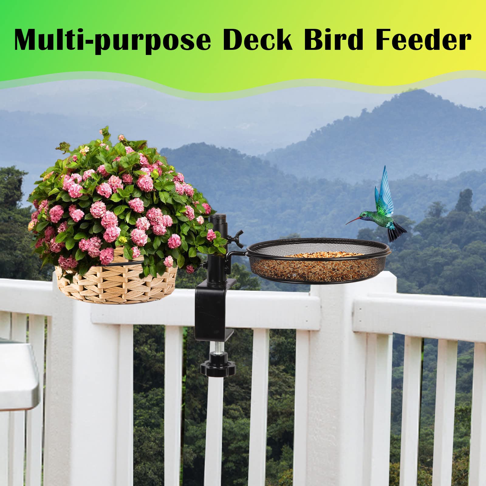 HRAYLTOP Deck Bird Feeders with Metal Mesh Tray and 2 Water Bowls - Detachable Adjustable Heavy Duty Clamp Bracket, Rail Bird Bath Balcony Porch Railing Feeder Perfect for Attracting Birds.