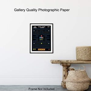 Pacman Arcade Game Poster - 8x10 Pac Man Wall Decor - Cool Unique Gift for Boys, Men, Gamer, Video Game, Arcade Games, Xbox, Nintendo, Gaming Fan - Game Room Decor