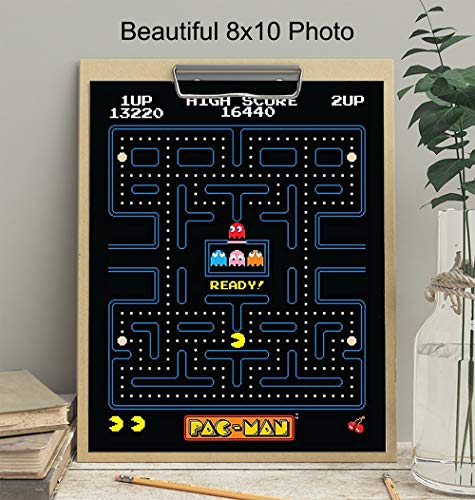 Pacman Arcade Game Poster - 8x10 Pac Man Wall Decor - Cool Unique Gift for Boys, Men, Gamer, Video Game, Arcade Games, Xbox, Nintendo, Gaming Fan - Game Room Decor