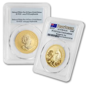 2023 p au 1 oz australian kangaroo gold bullion coin gem uncirculated (first strike - flag label) 24k $100 gemunc pcgs