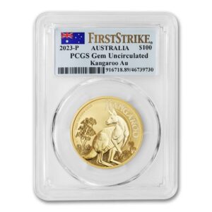 2023 P AU 1 oz Australian Kangaroo Gold Bullion Coin Gem Uncirculated (First Strike - Flag Label) 24K $100 GEMUNC PCGS