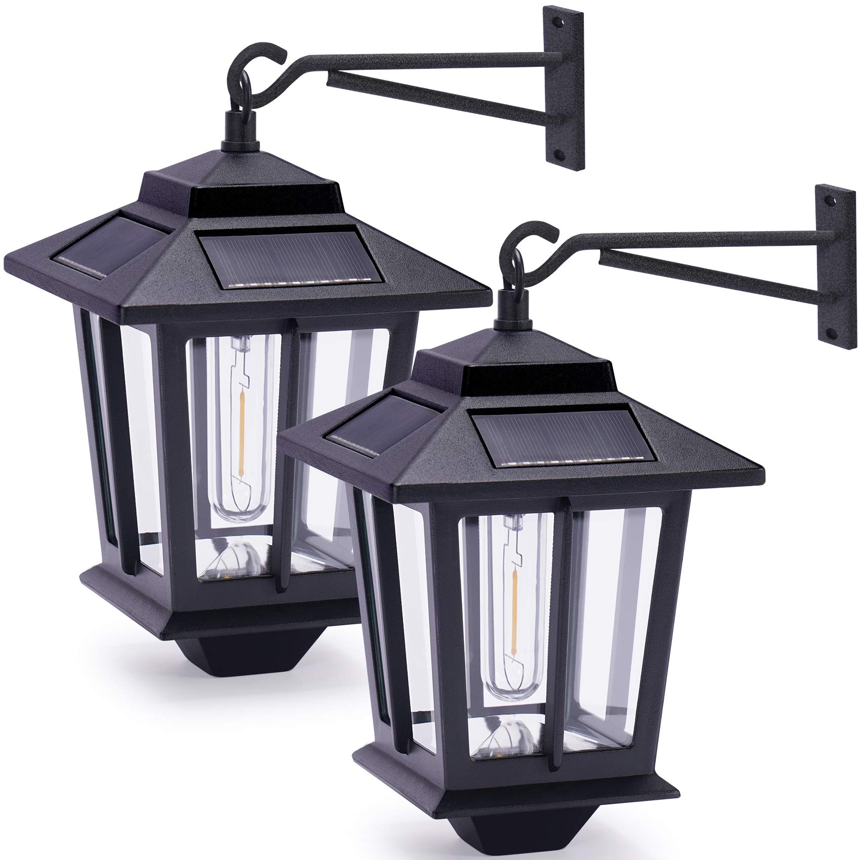 2 Pack Solar Wall Lanterns, Aluminum Outdoor Hanging Solar Lights with 4 Solar Panels, Dusk to Dawn Led Outdoor Wall Sconce, Anti-Rust Waterproof Wall Lanterns with Hooks, 3000K Warm White