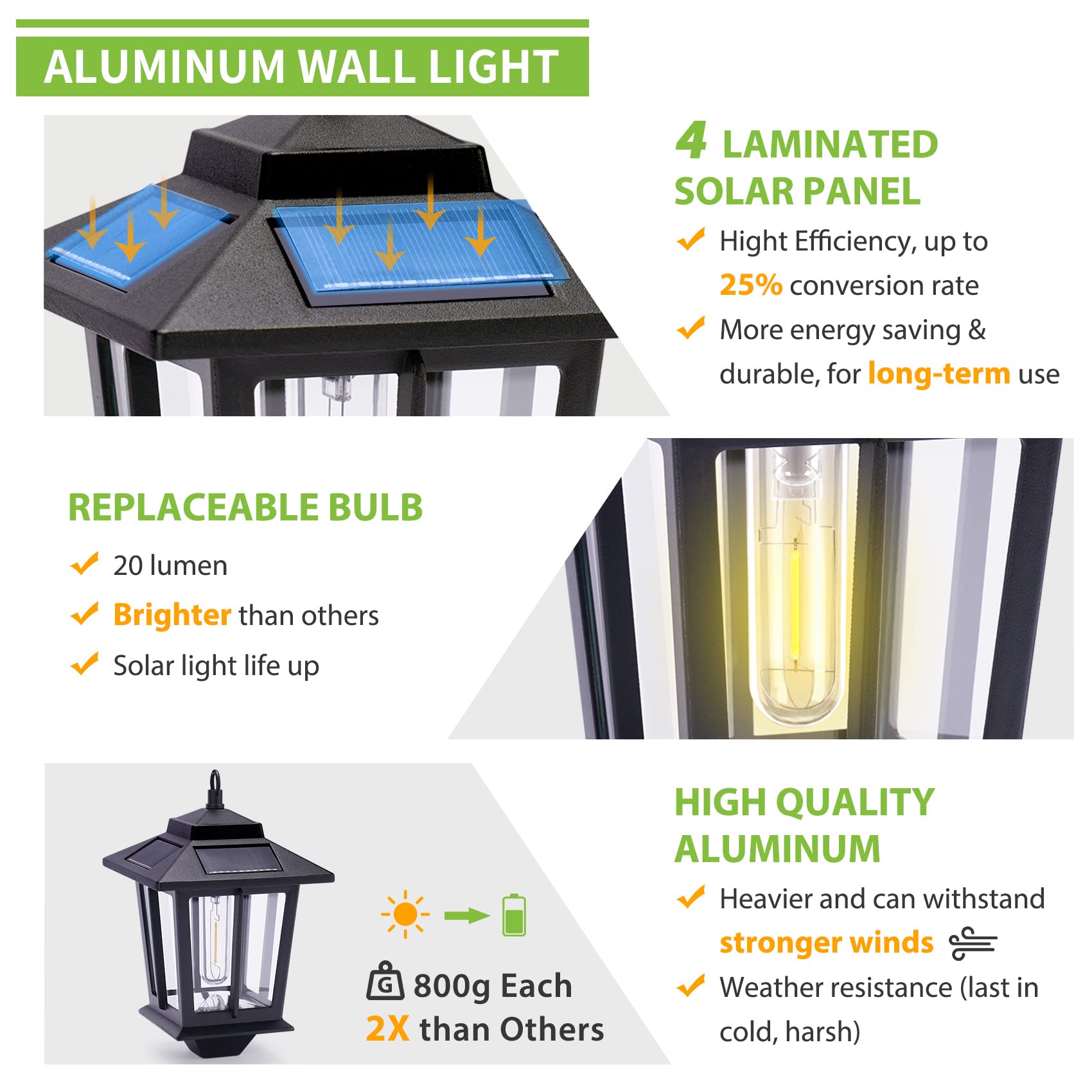 2 Pack Solar Wall Lanterns, Aluminum Outdoor Hanging Solar Lights with 4 Solar Panels, Dusk to Dawn Led Outdoor Wall Sconce, Anti-Rust Waterproof Wall Lanterns with Hooks, 3000K Warm White