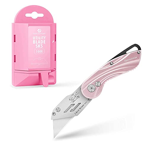 FantastiCAR Folding Utility Knife Box Cutter, 100-pcs SK5 Blades with Dispenser (Pink Set)