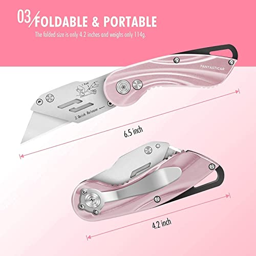 FantastiCAR Folding Utility Knife Box Cutter, 100-pcs SK5 Blades with Dispenser (Pink Set)