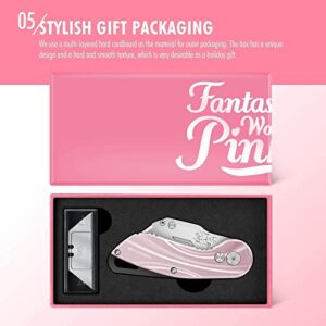 FantastiCAR Folding Utility Knife Box Cutter, 100-pcs SK5 Blades with Dispenser (Pink Set)