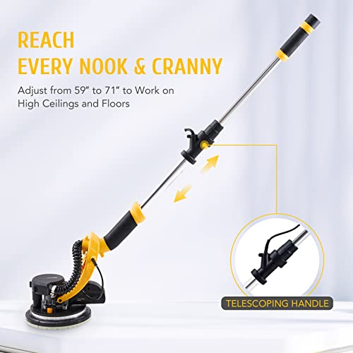 ZELCAN 800w Drywall Sander with Vacuum, Dustless Wall Pole Sander with 59-71'' Extendable Handle, 500~1800RPM Dust-Free Auto Electric Sanding Machine with 12 Sanding Discs, Carrying Bag & LED Lights