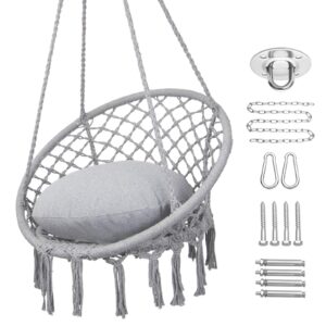 y- stop hammock chair macrame swing, max 330 lbs, hanging cotton rope hammock swing chair for indoor and outdoor use, light grey