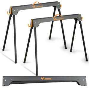 workess saw horses 2 pack, heavy duty folding portable saw horses table 2200 lbs load capacity with 2x4 support legs, fast open legs and easy grip handle for woodworking.