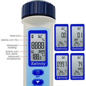Salinity Tester Pen Type Salinity Meter, Temp&ppm Tester with Automatic Calibration Function, Wide Measurement for Salt Water, Pool, Aquarium (Salinity Calibration Solution Included)