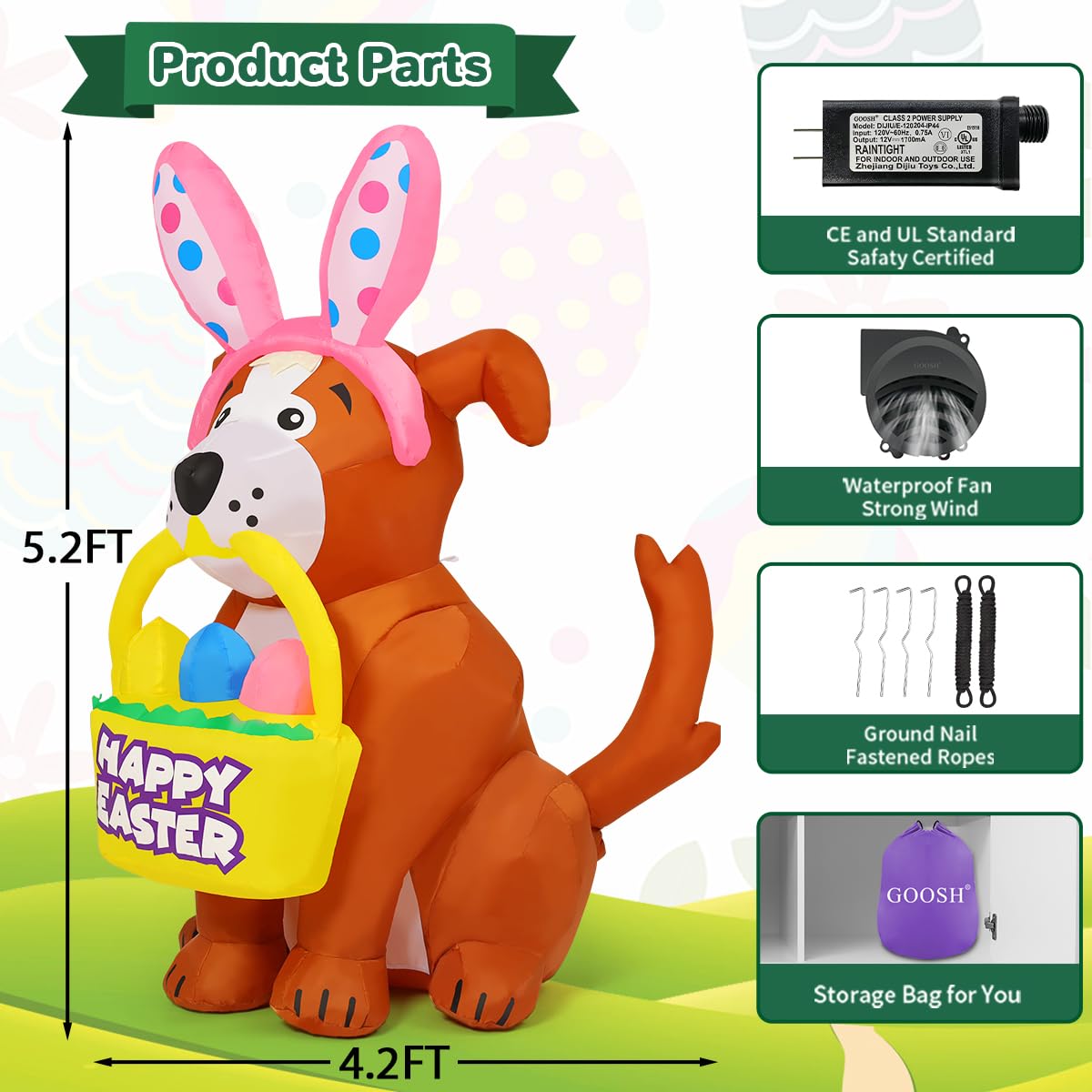 GOOSH 5 FT Easter Inflatables Outdoor Decorations, Easter Dog Blow Up Yard Decorations Easter Decor with LED Lights for Easter Party Yard Garden Lawn