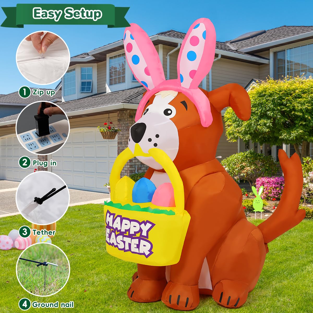 GOOSH 5 FT Easter Inflatables Outdoor Decorations, Easter Dog Blow Up Yard Decorations Easter Decor with LED Lights for Easter Party Yard Garden Lawn