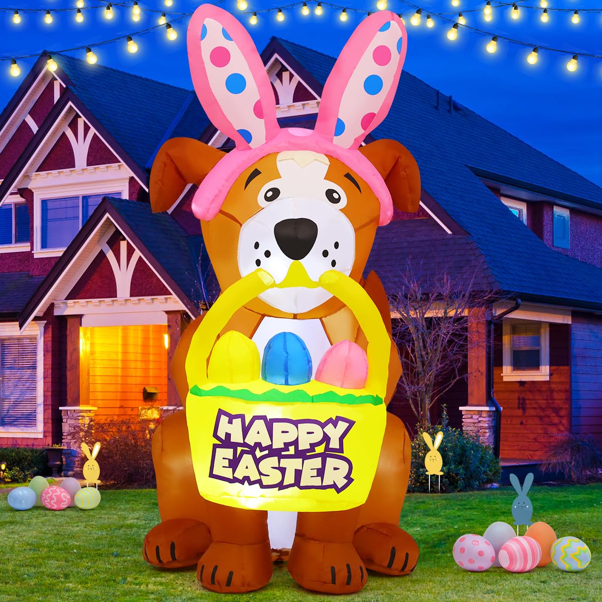 GOOSH 5 FT Easter Inflatables Outdoor Decorations, Easter Dog Blow Up Yard Decorations Easter Decor with LED Lights for Easter Party Yard Garden Lawn
